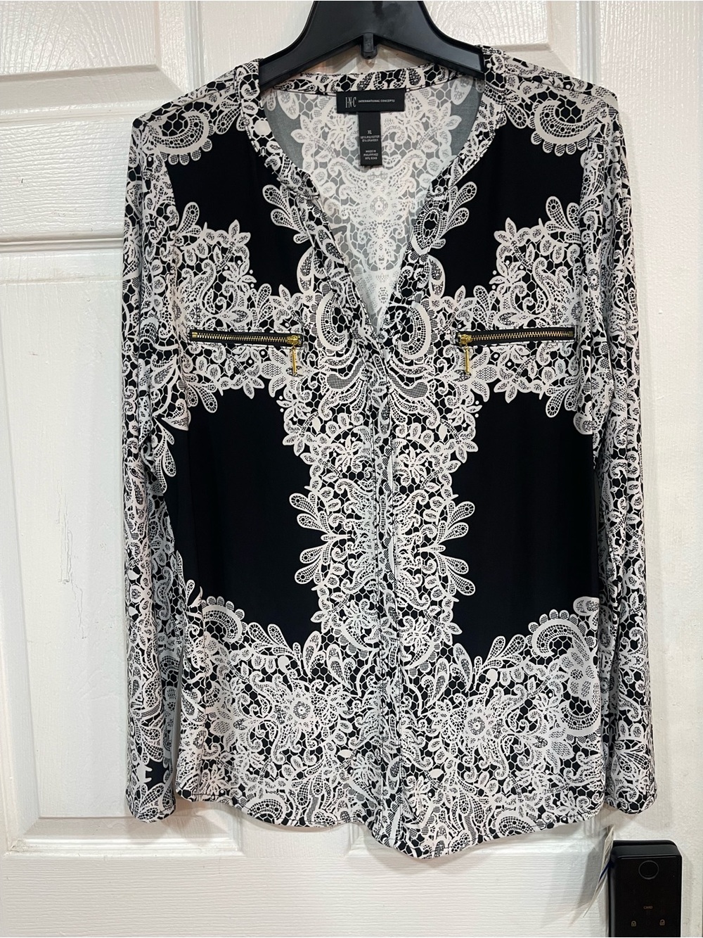 INC International Concepts Black Top with White Lace-Print and Zip Pockets